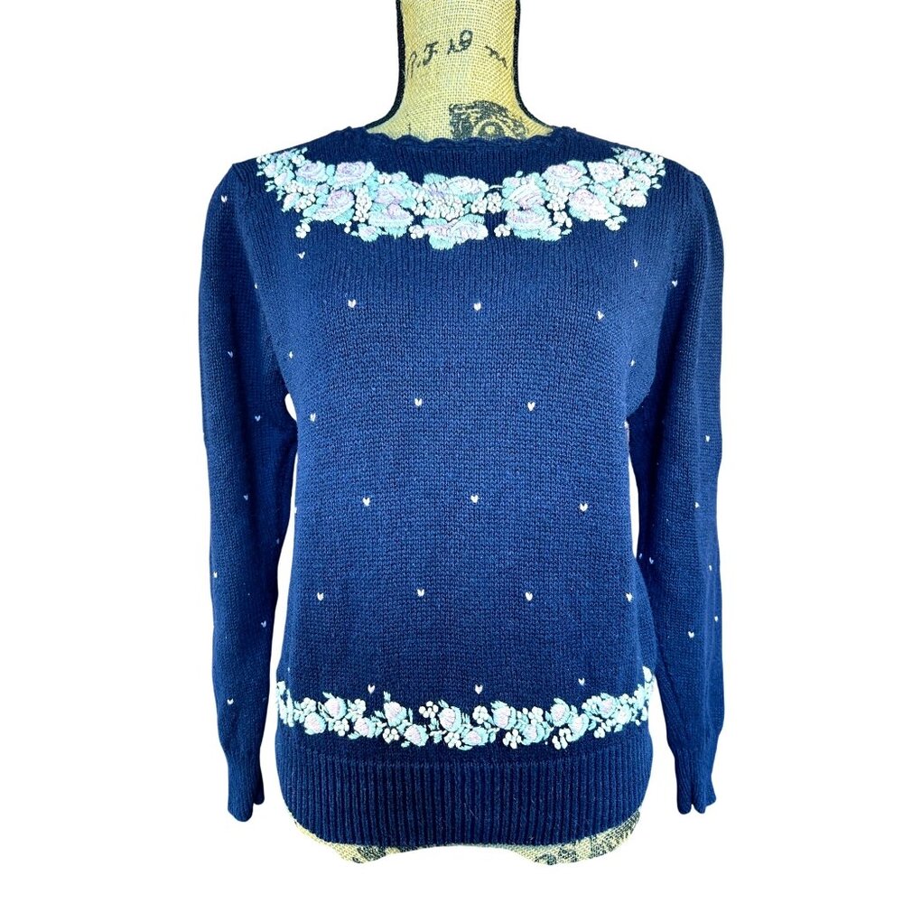 VTG Womens L Sweater Navy with Pink Floral Embroidery Cottage Core Granny Core